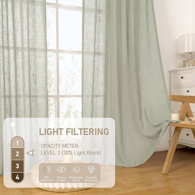 LAMIT Sage Grey Linen Curtains 72 Inch for Living Room 2 Panels, Linen Textured Light Filtering Semi Sheer Bronze Grommet Privacy Panels for Bedroom/Farmhouse, 52 x 72 Inch
