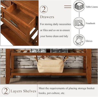 Solid Wood Console Table Entryway Table with Storage Drawers and Shelves Sofa Tables (42" Brown)