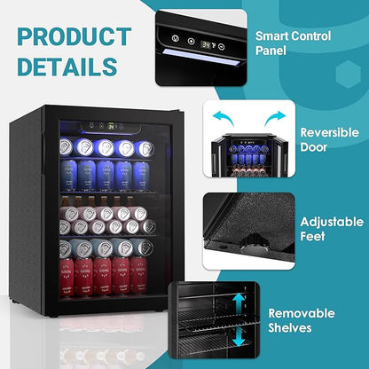 EUHOMY 100 Can Beverage Refrigerator cooler-Mini Fridge Glass Door for Beer Drinks Wines, Freestanding Beverage Fridge with Adjustable Shelves Blue LED for Home/Office/Dorm/Bar, 2.7 cu.ft