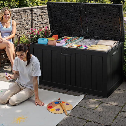JUMMICO 250 Gallon Outdoor Resin Deck Box with Divider, Waterproof Storage Box with Lockable Lid&Side Handles for Garden Tools, Pools Supplies (Black)