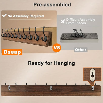 Dseap Coat Rack Wall: 38-1/4" Long, Patented, Heavy-Duty, 10-Double-Hooks Wooden Wall Mounted Coat Rack Coat Hanger Hook Rail for Winter Coats Hat Jacket Clothing, Weathered Brown