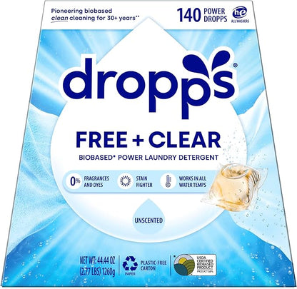 Dropps Free + Clear Biobased Power Laundry Detergent Pods, Unscented (140 Count) - HE Compatible Laundry Pods for Fresh Clothes - Laundry Soap Supplies & Recyclable Paperboard Packaging