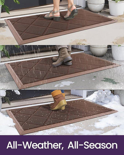 DEXI Front Door Mats Outside Entrance, 17x36 Rubber Waterproof Dirt Trapping Entry Mat for Entryway, Heavy Duty Non-Slip Low-Profile Welcome Doormat All Weather for Patio, Brown