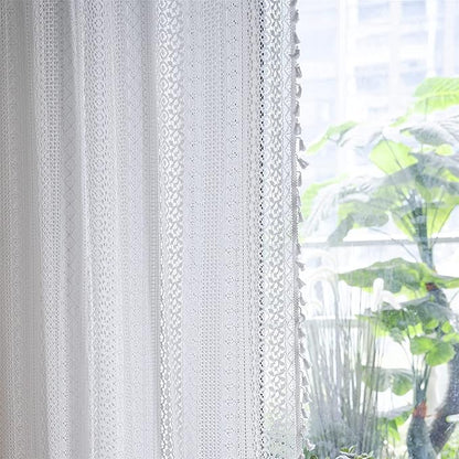 Sutuo Home White Crochet Boho Curtain 96 Inches Long, Sheer Lace Handmade Tassels Knitted Window Treatment Vintage Rustic Bohemian Farmhouse Drape for Bedroom Rod Pocket 1 Panel 59" W x 96" L