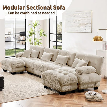 U Shaped Couch Sectional Couch, 4-Seater Cloud Couch Sectional Oversized Couch, Sofa Bed Couch with Round Bolster Armrests 6 Pillows, Modular Couch Home Sofa Living Room Couch