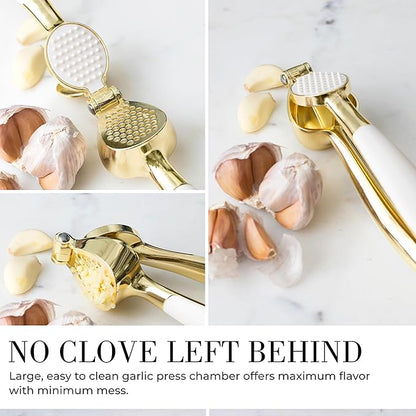 White & Gold Cooking Utensils Set - Luxe 8-Piece Kitchen Gadget Set Includes Can Opener, Tongs and Garlic Press - Stylish White and Gold Kitchen Accessories for Modern Kitchens, Ideal for Gifting