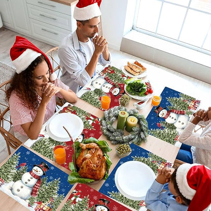 Winter Christmas Placemats Set of 6 Red Blue Snowman Plastic Table Mats Christmas Tree Birds Place Mats Washable Vinyl Seasonal Winter Table Decoration for Indoor Outdoor Party Kitchen Dining