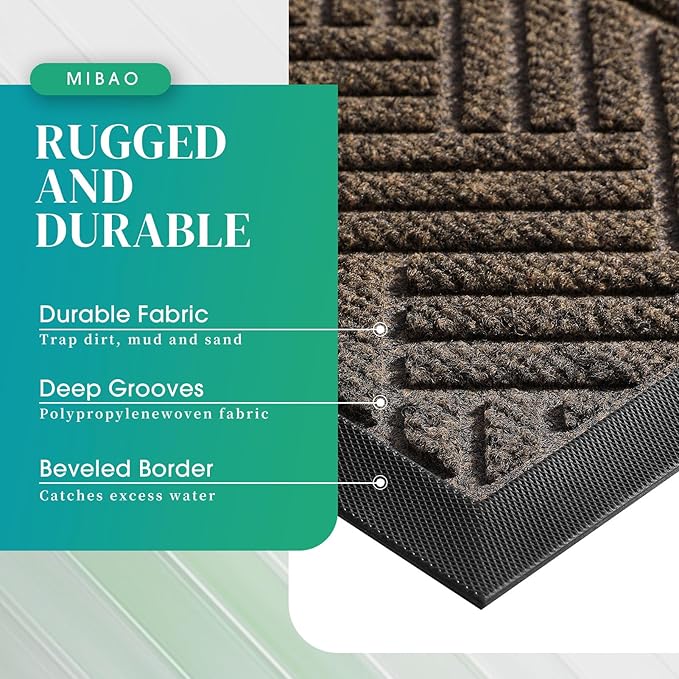 Mibao Front Door Mat Outside Entrance, Durable Outdoor Indoor Mat, Low Profile Heavy Duty Doormat, Non-Slip, Traps Dirt and Moisture, Easy Clean Patio Porch Entryway Mat, 36" x 24", Brown