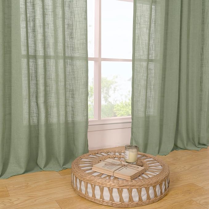 LAMIT Small Linen Curtains 2 Panels Set for Bebroom, 45 inches Long Soft Thick Light Filtering Bronze Grommet Window Textured Neutral Sheer Drapes for Kitchen/Loft Room, 52 x 45 Inch, Sage Green