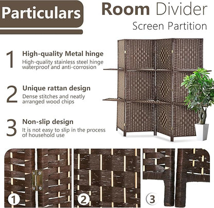 PayLessHere Room Divider 4 Panel Room Screen Divider Wooden Screen Folding Portable Partition Screen Wood with Removable Storage Shelves Color, Brown
