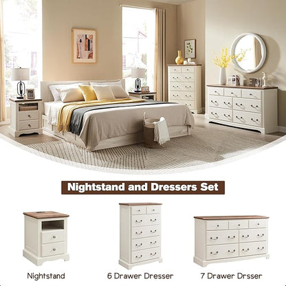 T4TREAM Nightstand with Charging Station, 18 Inch Vintage End Table with 2 Drawers, Wood Rustic Sofa Side Table with Open Storage Shelf for Bedroom, Living Room, Antique White