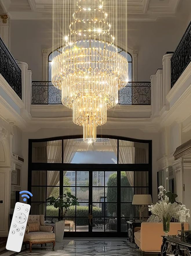 D32''X H100'' Large Crystal Chandelier Lighting, Modern LED Round Raindrop Flush Mount Ceiling Light Fixture for Hotel Staircase Hallway Modern Crystal Chandelier Suitable for Sloping Ceiling