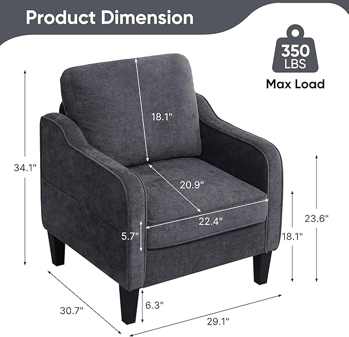 Accent Chairs Set of 2, Upholstered Living Room Chairs with Side Pockets, Mid Century Modern Reading Chair for Bedroom, Comfy Armchair Single Sofa Side Chair for Office, Small Room, Dark Grey