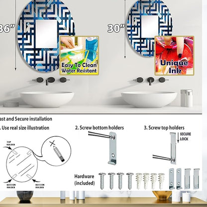 Symmetric Cubes in Deep Cobalt Blue - Geometric Maze - 20x30 Inches - Oval Decorative Wall Mirror for Bathroom, Bedroom, Entryway, Living Room, Vanity Room and Modern Décor