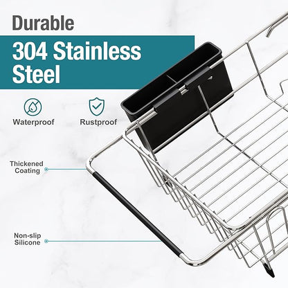 Dish Drying Rack in Sink, Expandable Stainless Steel Dish Drainers for Kitchen Counter, Dish Dryer Rack for Inside Sink, Over The Sink Dish Racks with Utensil Holder, Silver