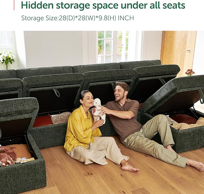 HONBAY Modular Sectional Couch with Storage Ottoman, Sectional Sofa with Storage Seats, L Shaped Sectional Couches for Living Room, Green