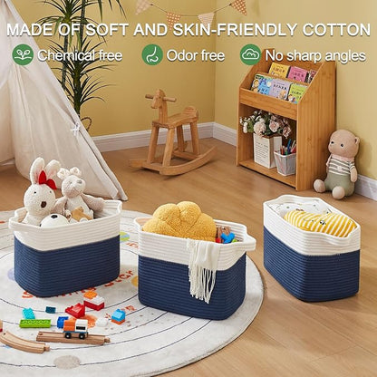 OIAHOMY Storage Baskets - Woven Cotton Rope Baskets for Shelves, Toy Towel Organizer Bins, Pack of 3, Blue & White