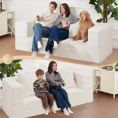 Folding Bean Bag Chair for Adults,3-in-1 Bean Bag Couch Faux Fur Floor Sofa Large Beanbag Convertible Bean Bag Sofa Bed with Pillow in Bedroom,Living Room,Apartment(Queen,Milky White)