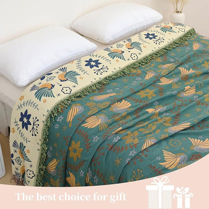 Boho Throw Blanket for Bed, 100% Pure Cotton Ultra Soft Rustic Quilt, Farmhouse Decor Bed Blankets, All Season Rustic Throw for Sofa Couch Chair(91''x 98'', Bird A)