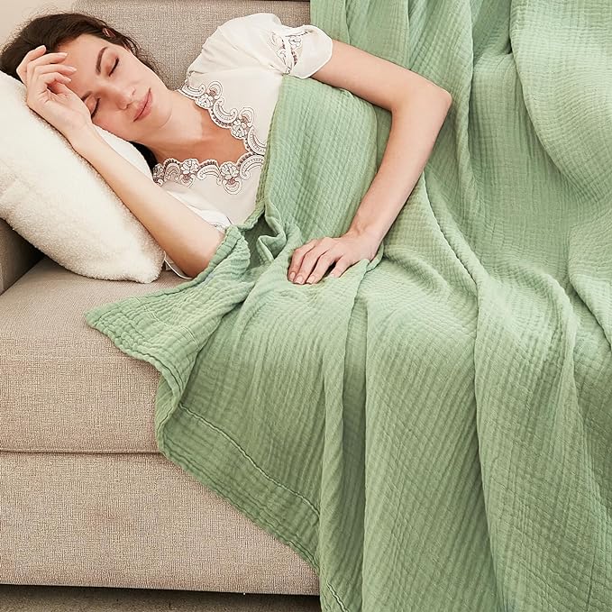 EMME Cotton Twin Blanket for Couch Soft Airy Muslin Bed Blankets Lightweight Breathable Blanket All Season Gauze Blanket, Sage Green
