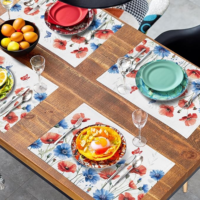 4th of July Floral Placemats Set of 4 Patriotic Summer Red Blue Flowers Linen Fabric Table Mats America Memorial Day Independence Day Place Mats for Party Kitchen Dining Decoration