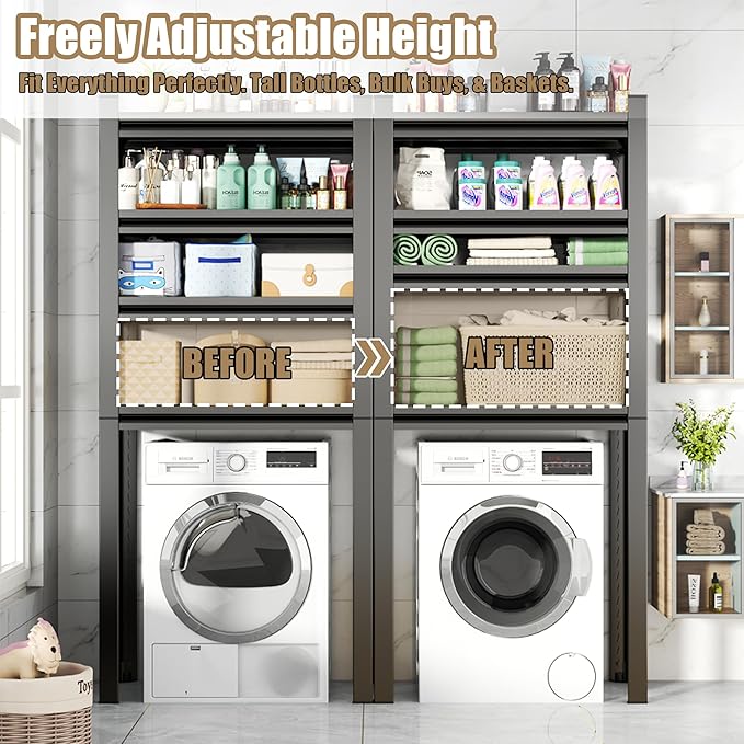 Over Washer and Dryer Shelves,4 Tiers Laundry Room Standing Shelf,Laundry Room Storage Organization,Adjustable Metal Shelving Unit,35" W x 12" D x 63" H, Black