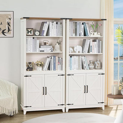 5 Tier Bookshelf 70in Tall Bookcase with Barn Doors and Storage Cabinet, White Farmhouse Book Shelf with Adjustable Shelves, Wood Freestanding Display Bookshelves for Bedroom, Living Room