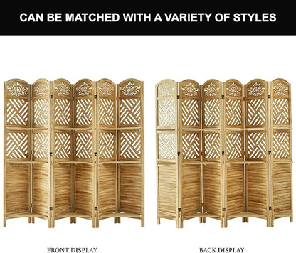 Room Divider with Shelves, 68.9inch Wood Carved and Louvered Wall Divider Freestanding, 6 Panels Folding Partition Screen for Bedroom Home Office (Natural)