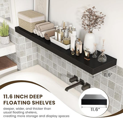 Black Floating Shelves for Wall - 55 Inch Wide x 12 Inch Deep Wall Shelves Set of 1 - Rustic Black Wood Shelves for Living Room, Bathroom, Laundry Room, Bedroom, Kitchen, Home Office