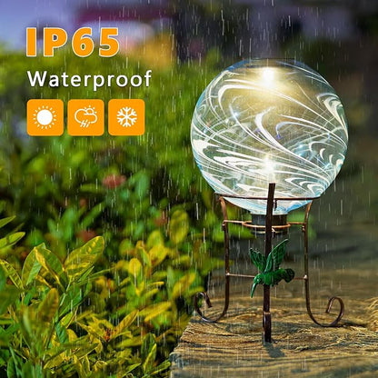 10 Inch Solar Glass Gazing Ball, with 9.4" Tall Metal Gazing Globe Stand, Solar Ball Lights Display Holder Set for Outdoor Garden Lawn Yard Decoration, Blue Water Ripple