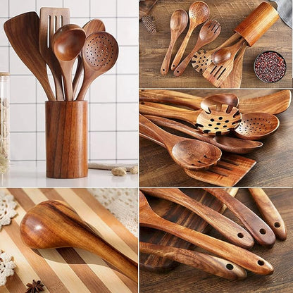 Teak Wooden Kitchen Utensil Set - 7Pcs Wooden Cooking Utensils Including Spatula