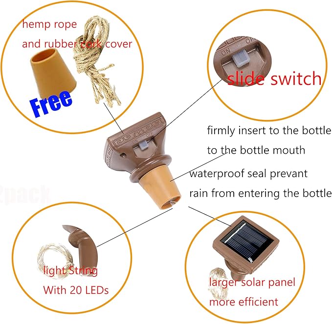 YJFWAL Upgraded 12 Pack Solar Wine Bottle Lights, 20 LEDs Waterproof Copper Light, Bottle Light Fairy Cork String Lights for Yard Patio Decor, DIY Birthday Gift for Mom Grandma Girlfriend(Warm White)