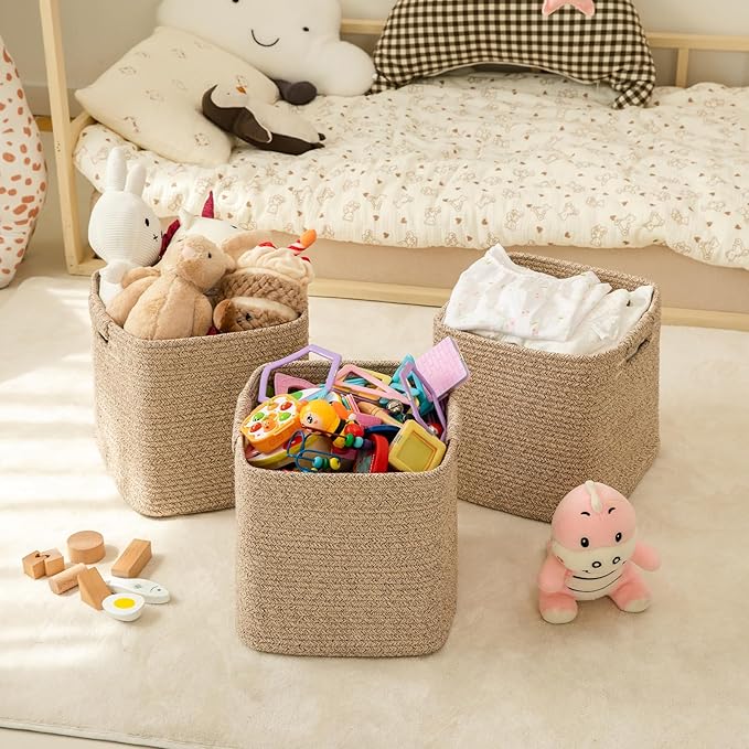 OIAHOMY Storage Cubes 11 Inch Storage Bins-3-Pack, Cotton Rope Woven Baskets for Organizing, Square Storage Baskets for Shelves Organizer, Classroom, Kids Toy Bins, Closet, Baby Nursery-Brown