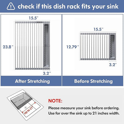 Over The Sink Dish Drying Rack for Kitchen, Expandable (12.8"-23.8" D x 15.5" W) Roll Up Dish Drainer with The Function of Fordable, Rust Proof, Large Sink Cover with Removable Utensil Holder