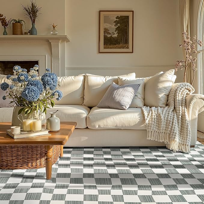 jinchan 4x6 Checkered Area Rugs for Kids Room - Machine Washable Soft Rug Modern Geometric Lattice Non-Slip Carpet for Nursery Playroom Bedroom Entryway Living Room Dining Room Home Office Grey