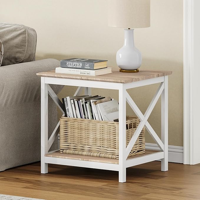 ChooChoo End Table, 24 Inch End Table with 2-Tier Storage Shelf, Side Table for Living Room, Wood Nightstand for Bedroom, Office, Oak