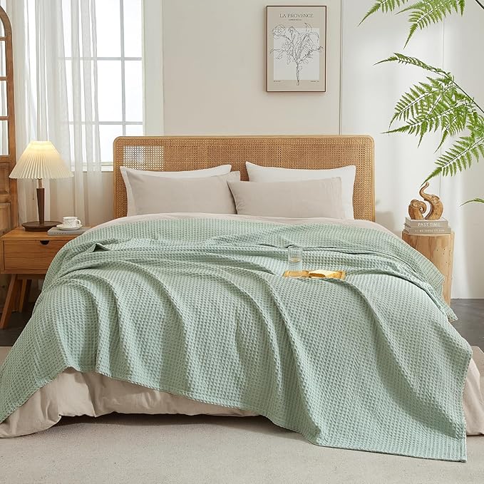 PHF Ultra Soft Waffle Weave Blanket Queen Size 90"x 90"- Washed Lightweight Breathable Cozy Woven Blanket for Bed - Aesthetic Decor for Couch Bedding Sofa Home Car - Sage Green/Mint Green
