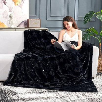 Cozy Bliss Checkered Faux Rabbit Fur Black Throw Blanket, Soft Fuzzy Fluffy Minky Furry Plush Blankets for Couch, Bed (50 * 60 Inches Black)