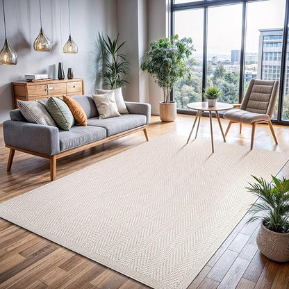 CAMILSON Easy Jute Rug 5x7, Indoor Outdoor Off-White Color Fiber Area Rugs for Living Room Patio and Kitchen Rug Herringbone Seagrass Woven Design Easy-Cleaning Washable Outside Carpet Alfombras 5 x 7