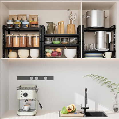 Expandable,Adjustable & Stackable Spice Rack, Cabinet Kitchen Countertop Shelf Organizer,Metal Pantry Storage Shelves - Space-Saving Storage Solution(1Pack/Black/Large)