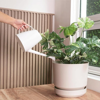 Elly Décor 14 inch Plastic Cylinder Planter Pot with Self-Watering Saucer and Drainage Hole,Lightweight & Extremely Durable, 14"x 14", Ivory