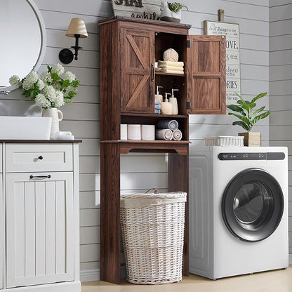 Over The Toilet Storage Cabinet, Farmhouse Bathroom Cabinet with Adjustable Shelf & Barn Door, 67" Tall Over The Toilet Shelf, Brown