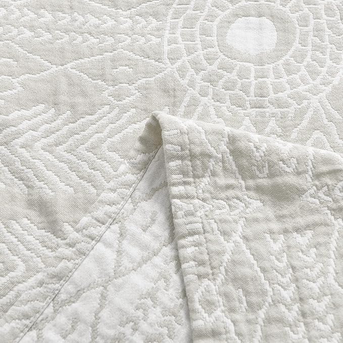 JINCHAN Boho 100% Cotton Muslin Blanket 3-Layer Queen Size 80x90 Inches Geometric Light Grey Lightweight Reversible Soft Comfy Throw for Couch Sofa Bed Coverlet Quilt Large Blanket Bedroom All Seasons