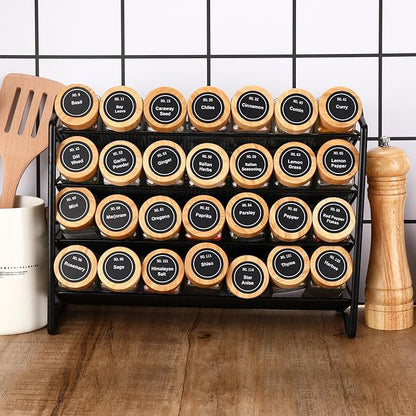 DIMBRAH Spice Jars with Label 24Pcs,Seasoning Containers,Glass Spice Jars with Bamboo Lids,Kitchen Essentials,Spices Container Set,Kitchen Set,Seasoning Organizer,Spice Rack Organizer for Cabinet