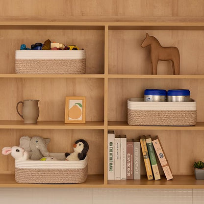 Large Shallow Organizing Baskets 15x11x5.1 Inches - Rope Woven Storage Bins for Bathroom, Shelves, Cube Closet, White Mixed Brown 2 Packs