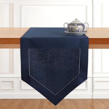 D'Moksha Homes Navy Blue Linen Table Runner 108 Inches Long - 100% Pure Linen Diamond Table Runner 14 x 108 Inch for Dining, Fall and Halloween - Machine Washable