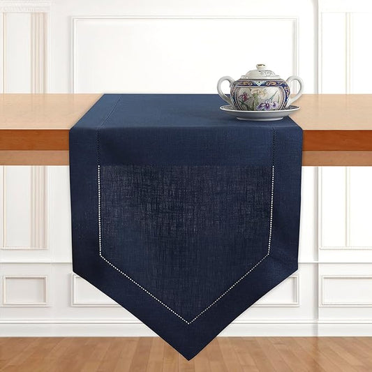 D'Moksha Homes Navy Blue Linen Table Runner 108 Inches Long - 100% Pure Linen Diamond Table Runner 14 x 108 Inch for Dining, Fall and Halloween - Machine Washable