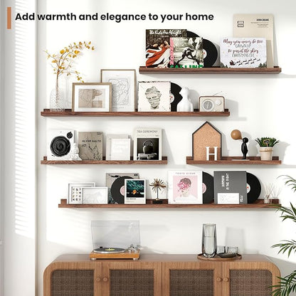 Fun Memories Picture Ledge Shelves Set of 2, 36 Inch Rustic Wall Mounted Floating Shelves with Lip for Home Storage and Décor in Bathroom, Kitchen, Nursery, Bedroom, Living Room, Walnut