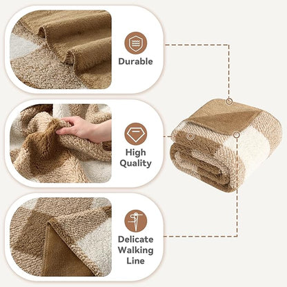 LURKA Checkered Sherpa Fleece Queen-Size Bed Blanket - Extra Thick and Warm Winter Soft Fuzzy Plush Blanket for Couches, Beds & Pets, Brown, 90x90 Inches