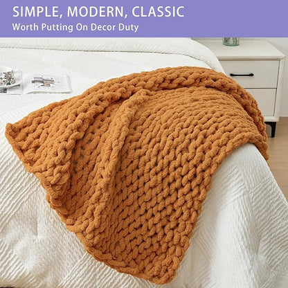 Bigacogo Chunky Knit Throw Blanket for Couch, 40x40 inches, 100% Hand Knitted with Thick Jumbo Chenille Yarn, Cozy Soft Large Rope Knot Cable Crochet Blankets for Sofa Bed Living Room, Burnt Orange